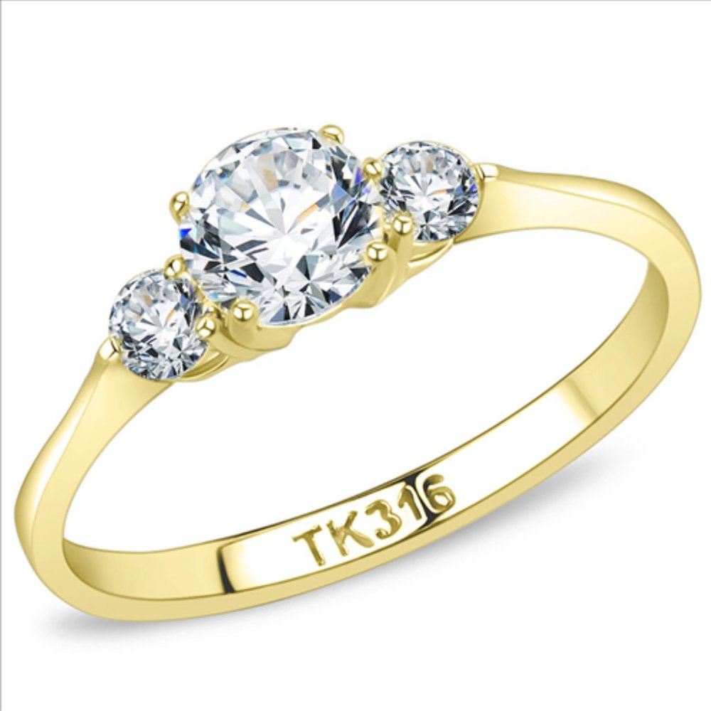 Gold Plated Three Stone CZ Stainless Steel Ring